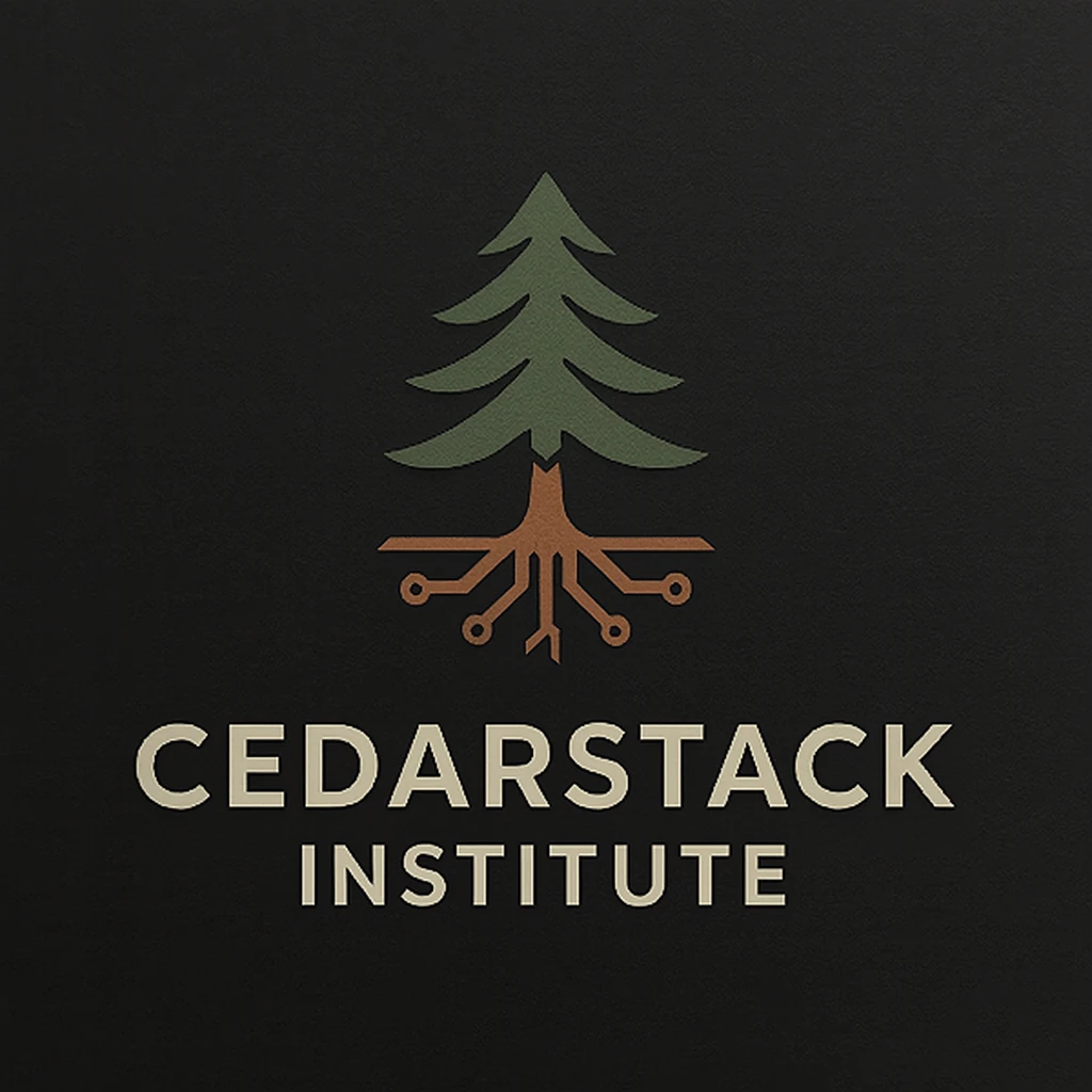 CedarStack Institute logo: a green cedar tree with copper circuit roots on a charcoal background